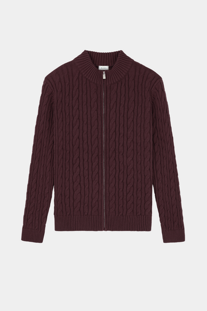 BURGUNDY CABLE KNIT FULL ZIP