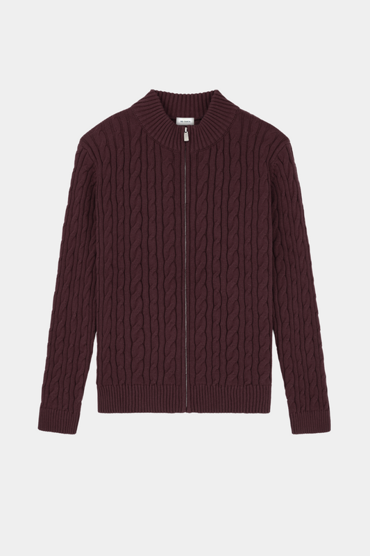 BURGUNDY CABLE KNIT FULL ZIP